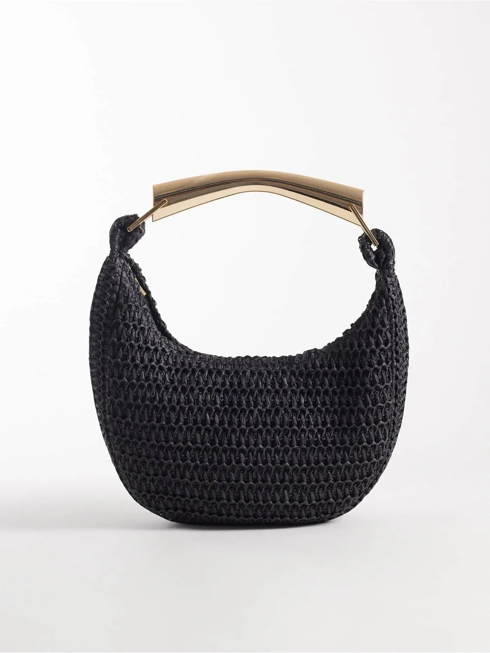 Black Woven Raffia Bag with Gold Bar Handle NWOT
